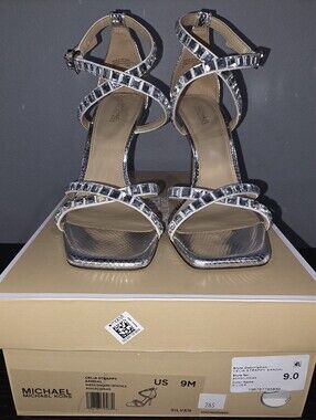 MICHAEL KORS Celia Crystal Strappy Sandals Silver Metallic Snake 9M Box Receipt